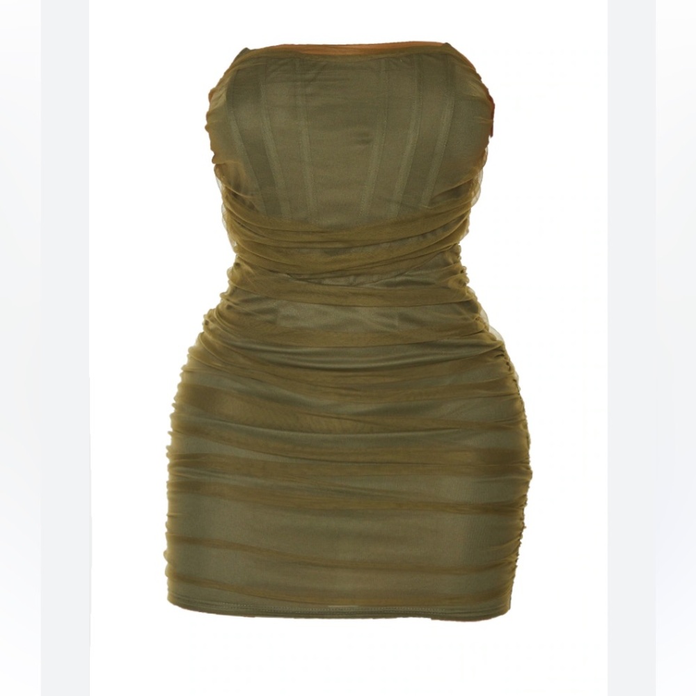 PrettyLittleThing Olive Mesh Corset Mini Ruched Dress Semi Formal Night Out Sz12